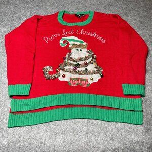 33 Degrees Sz L Purr-fect Christmas Cat Sweater With Faux Fur & Lights Red Green